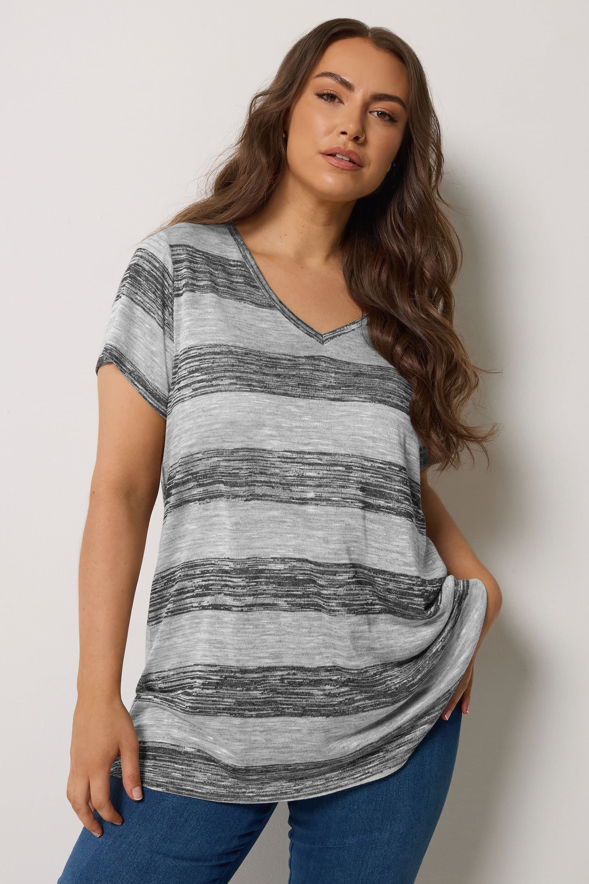 Yours Plus Size Grey Stripe Swing Top