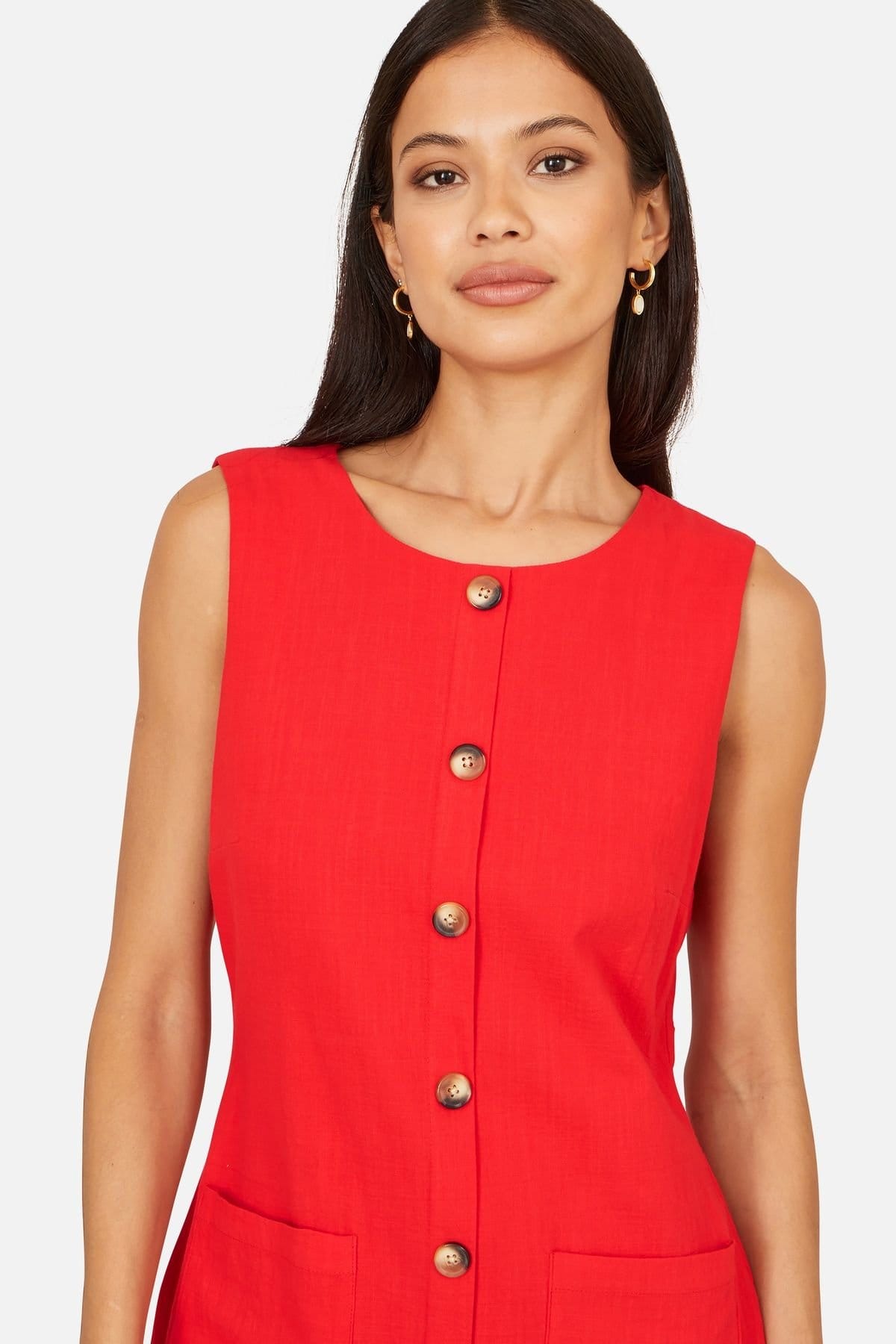Yumi Yumi Women's Viscose Button Detail Shift Dress in Red - 4