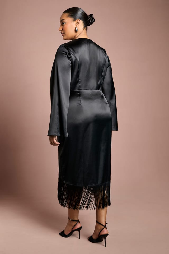 Coast Coast Women's Plus Satin Wrap Dress With Fringe Detail in Black - 3