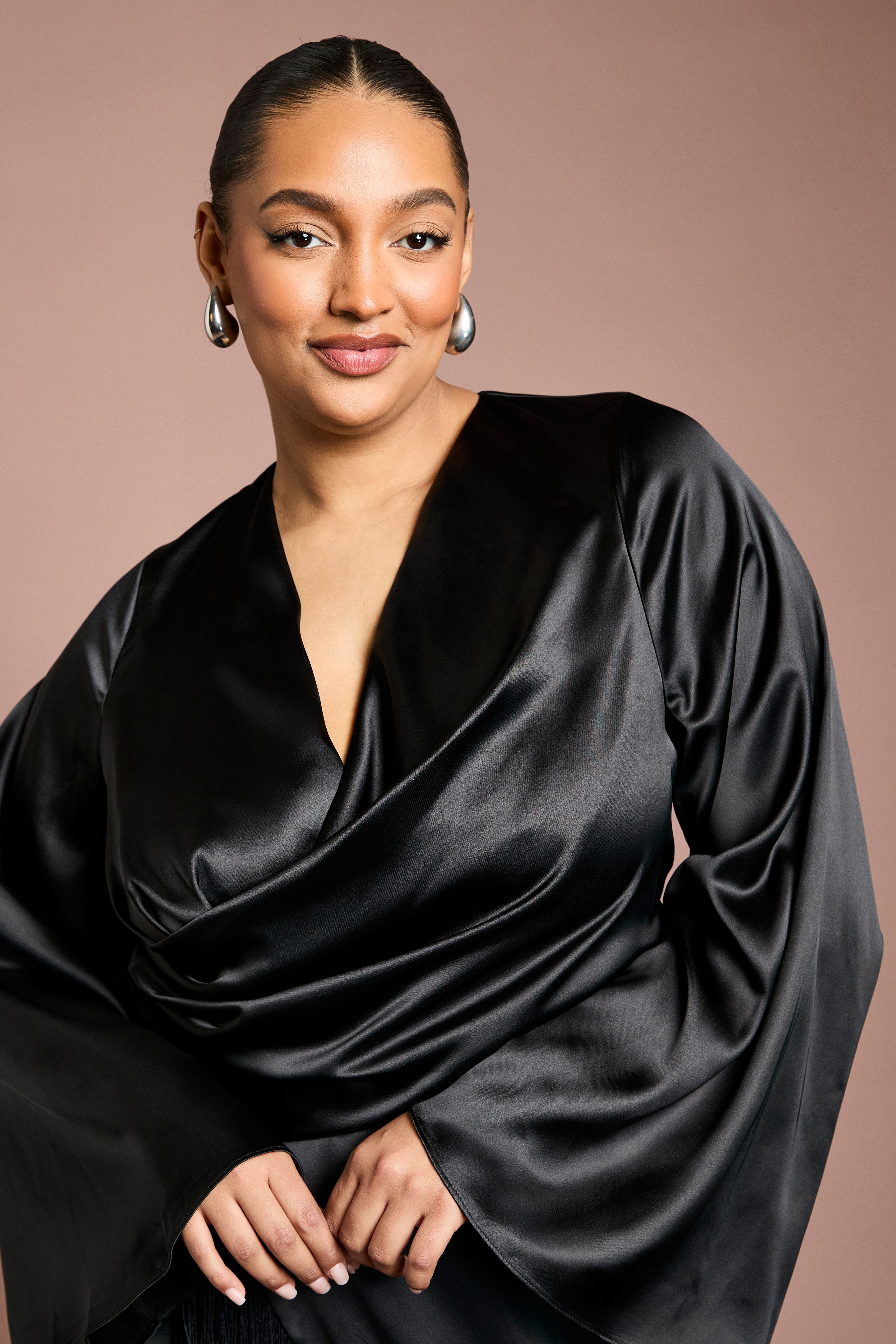 Coast Coast Women's Plus Satin Wrap Dress With Fringe Detail in Black - 4