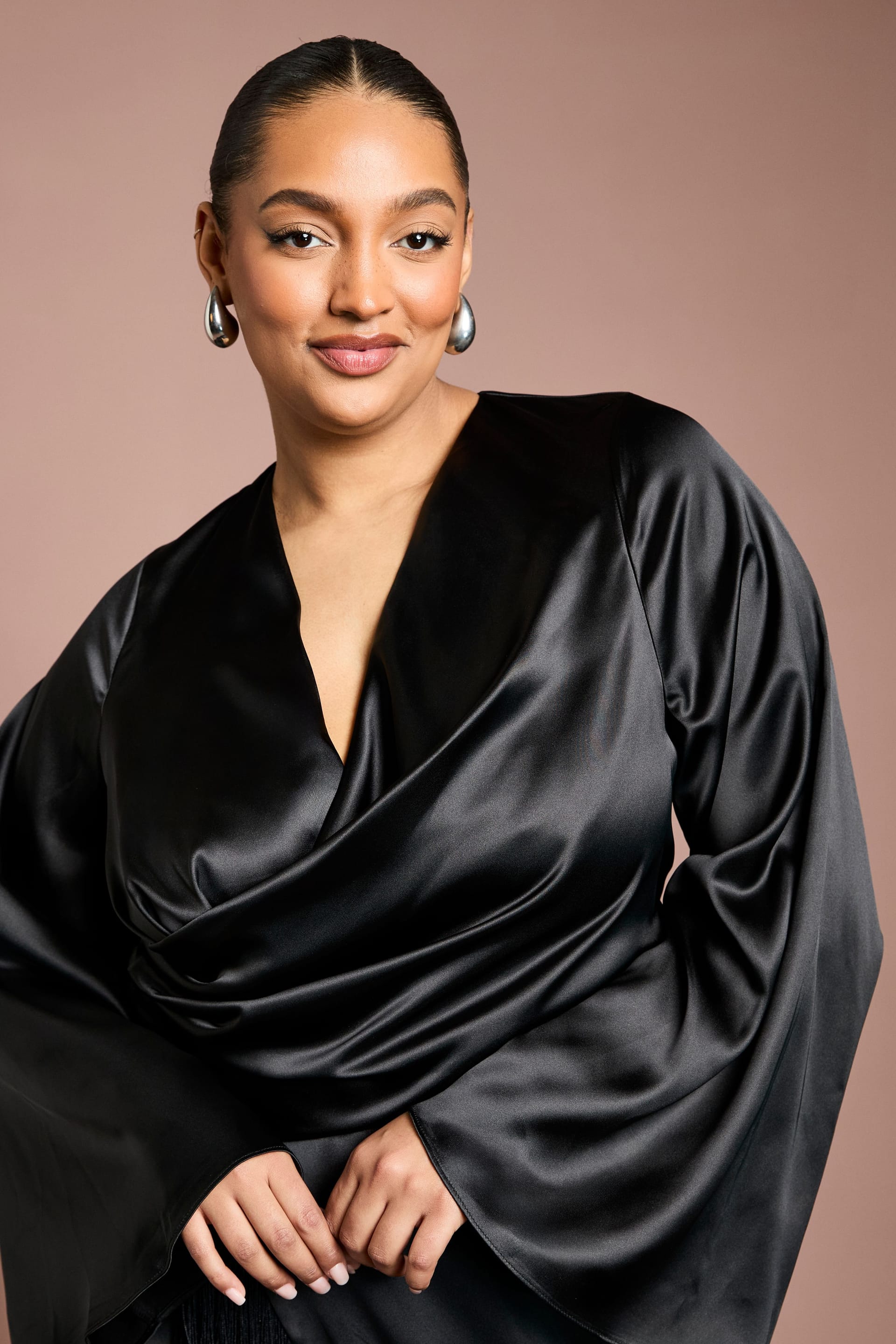 Coast Coast Women's Plus Satin Wrap Dress With Fringe Detail in Black - 4