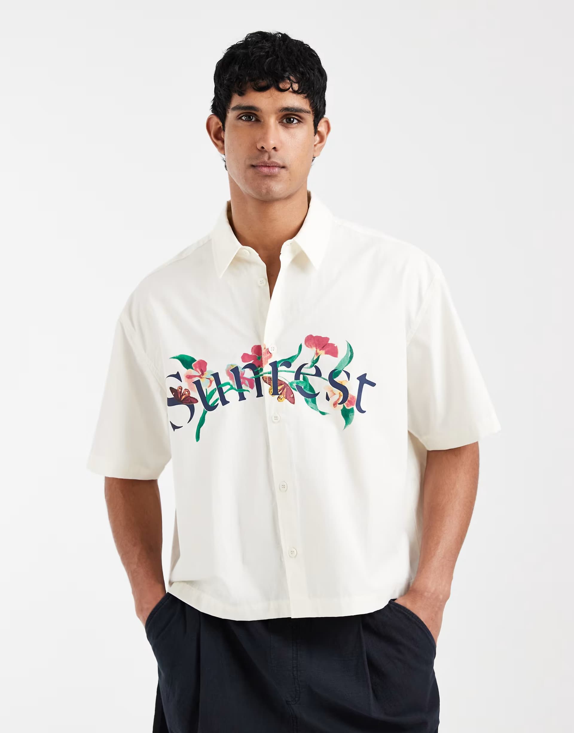 ASOS ASOS DESIGN boxy oversized shirt with chest print in beige