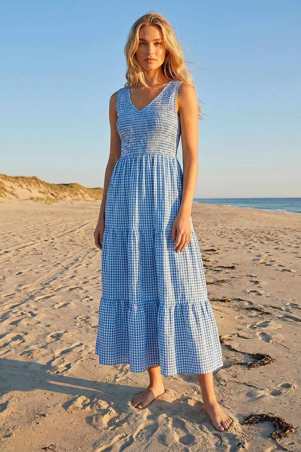 Dusk Dusk Women's Gingham Tiered Midi Dress in Blue