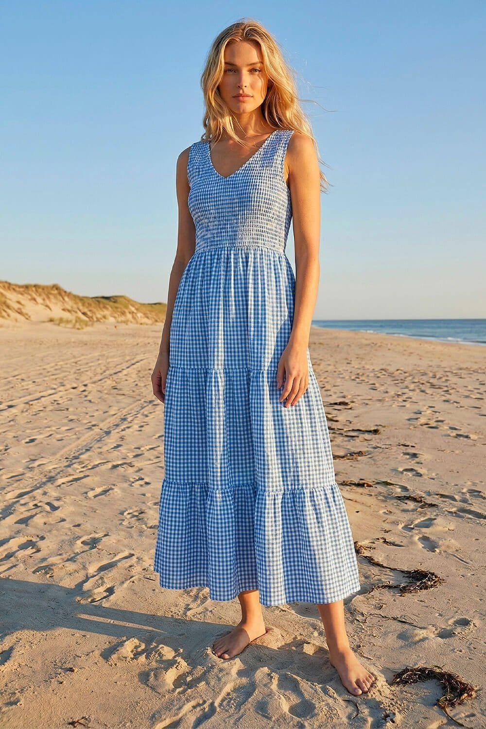 Dusk Dusk Women's Gingham Tiered Midi Dress in Blue - 1
