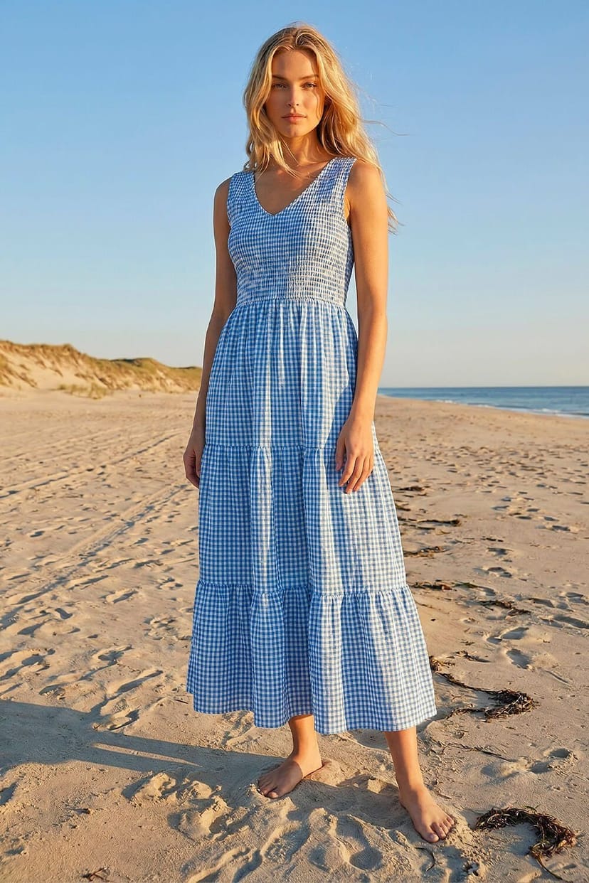 Dusk Dusk Women's Gingham Tiered Midi Dress in Blue - 1