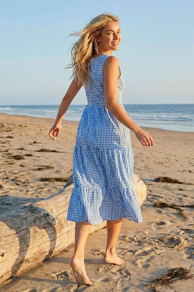 Dusk Dusk Women's Gingham Tiered Midi Dress in Blue - 3