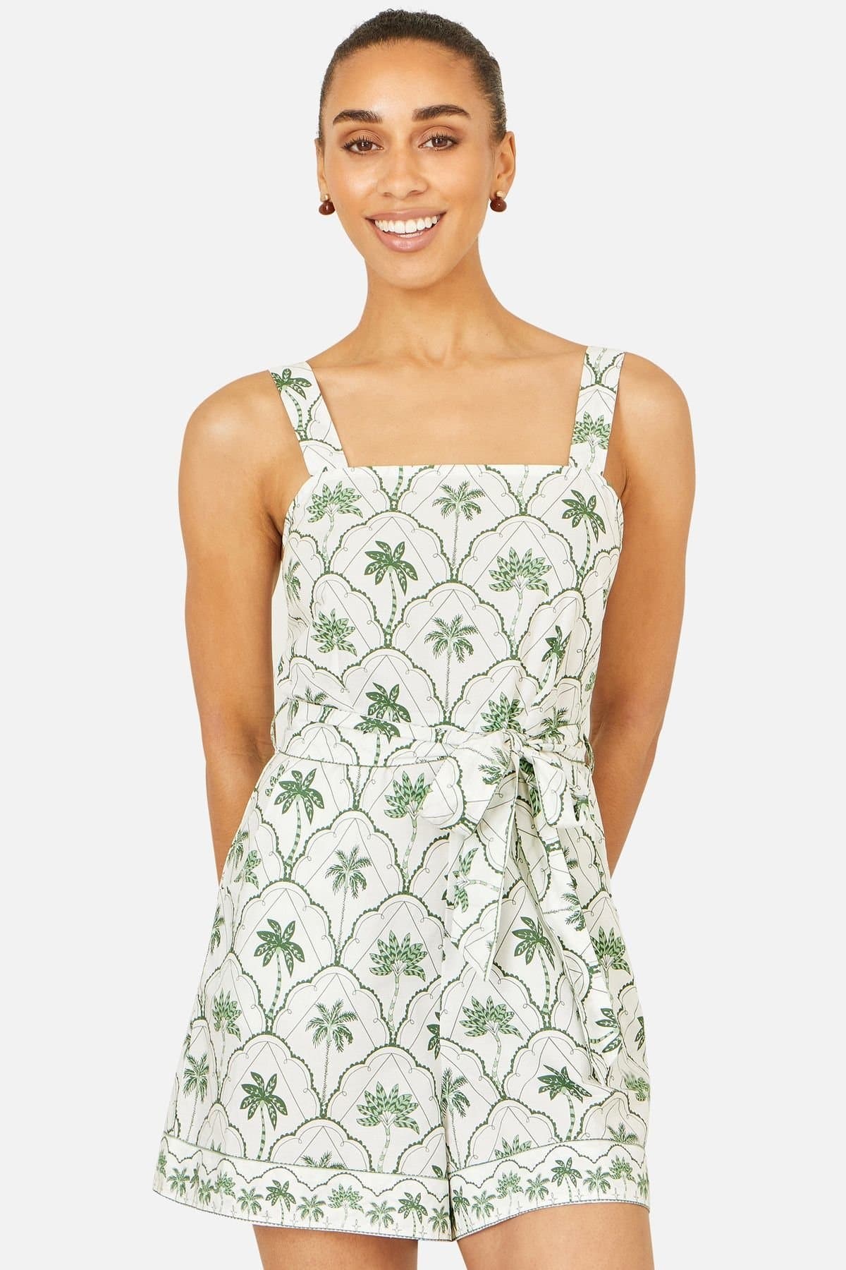 Yumi Yumi Women's White Palm Print Cotton Playsuit in Off-White