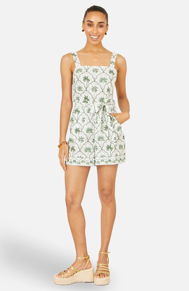 Yumi Yumi Women's White Palm Print Cotton Playsuit in Off-White - 2