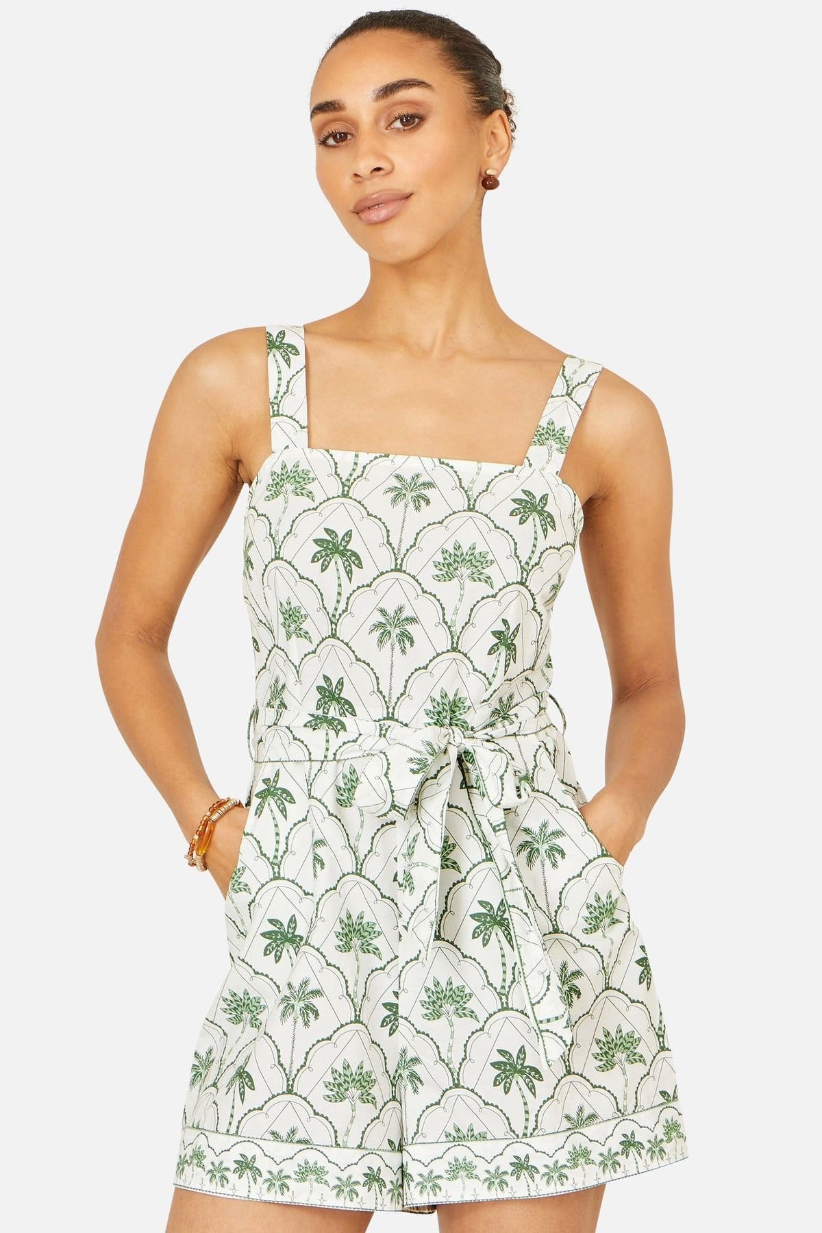 Yumi Yumi Women's White Palm Print Cotton Playsuit in Off-White - 4