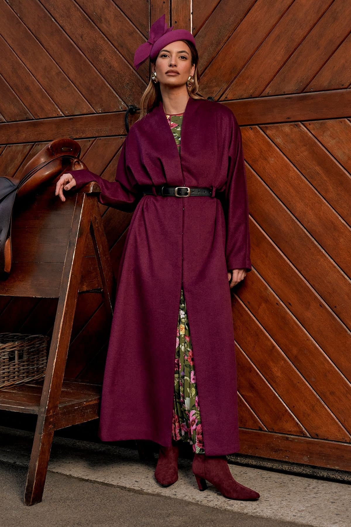 Coast Coast Women's Lisa Tan Occasion Belted Skirt Detail Coat in Wine