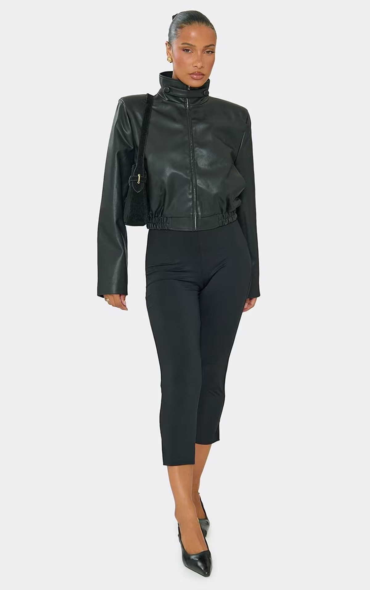 EGO Long Sleeve Funnel Neck Strap Detail Structured Jacket In Black Faux Leather, Women's Size UK 6