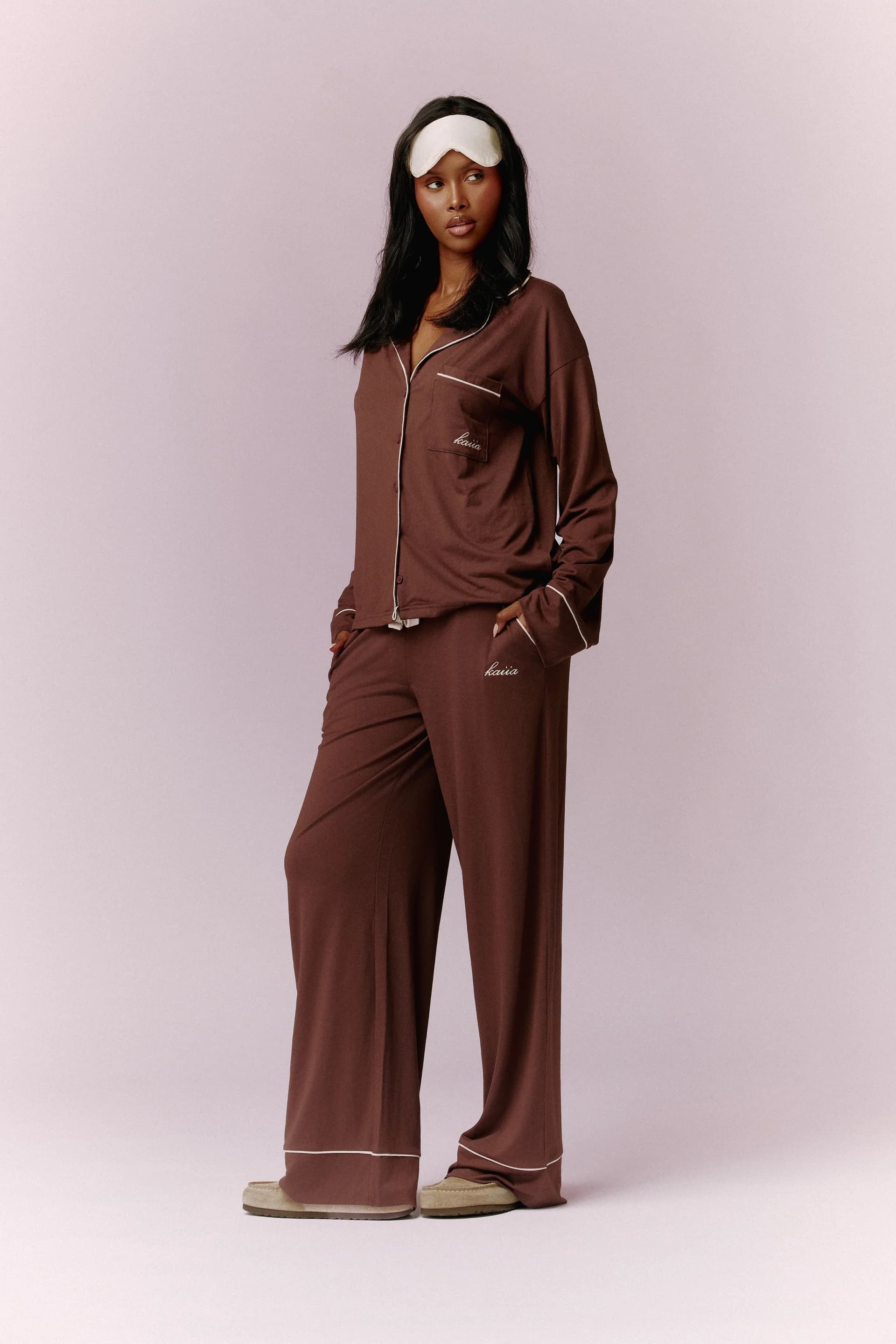 Kaiia Kaiia Contrast Piping Button Down Top & Trouser Pyjama Set Chocolate & Cream