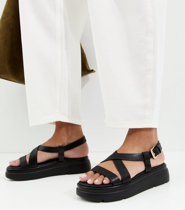 New Look Women's Black Faux Leather Crossover Strap Flatform Sandals Vegan New Look - 2