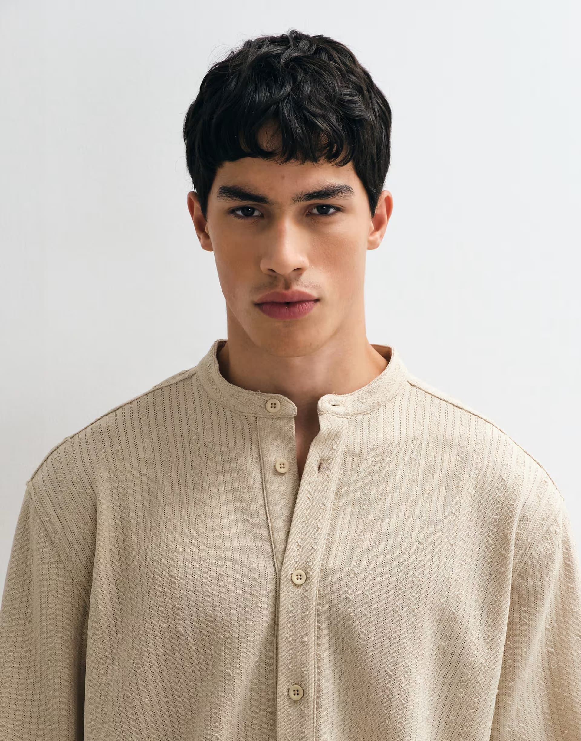 ASOS ASOS DESIGN relaxed overhead textured shirt with henley collar in beige