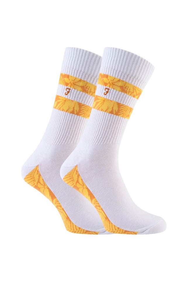 Farah FARAH Men's 2 Pack Classic Cotton Ribbed White Sports Socks with Stripes in Mustard - 2