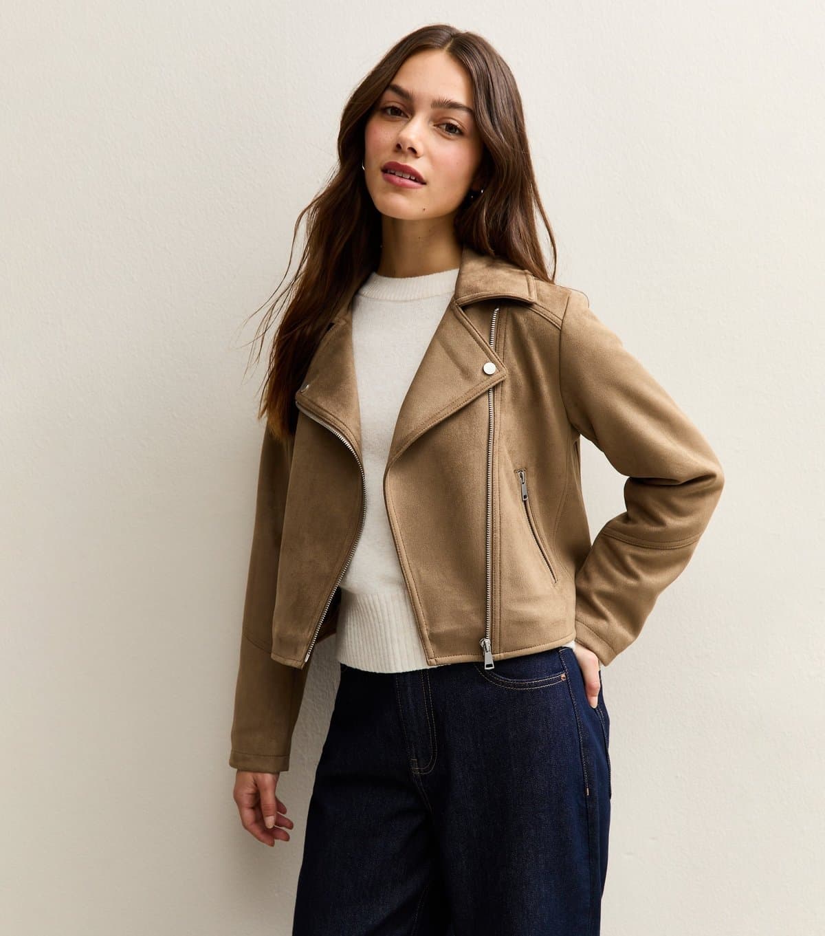 New Look Women's Petite Tan Faux Suede Biker Jacket New Look