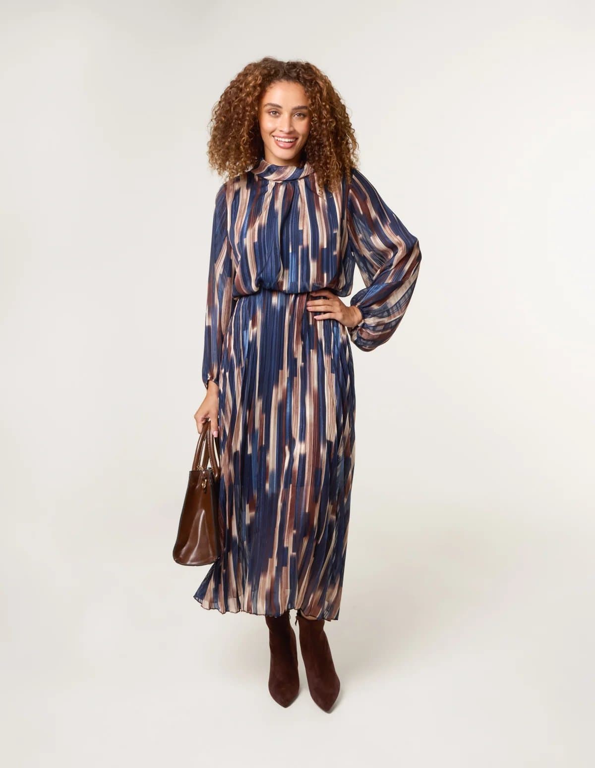 Blue Vanilla High Neck Printed Dress With Elasticated Waist