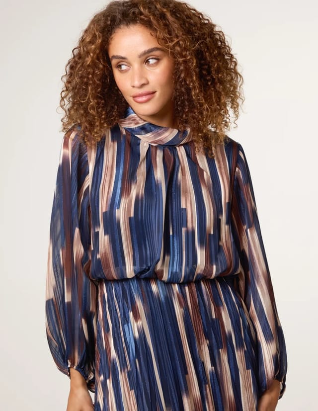 Blue Vanilla High Neck Printed Dress With Elasticated Waist - 3