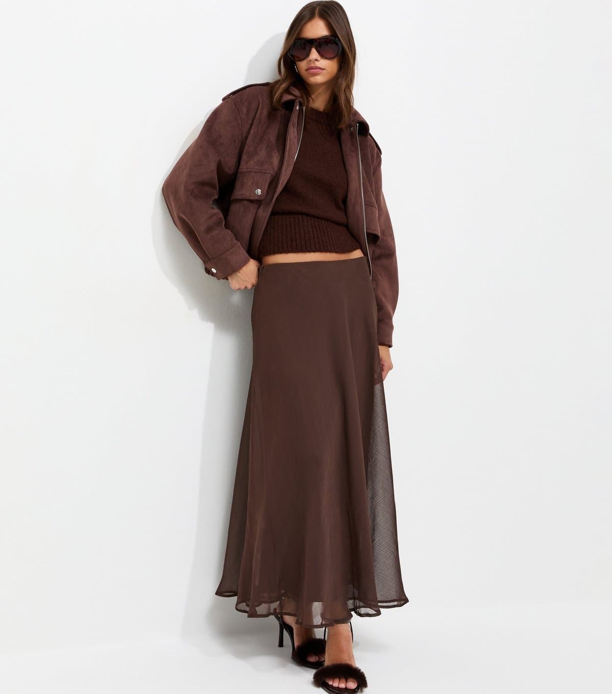 New Look Women's Dark Brown Chiffon Circle Skirt New Look
