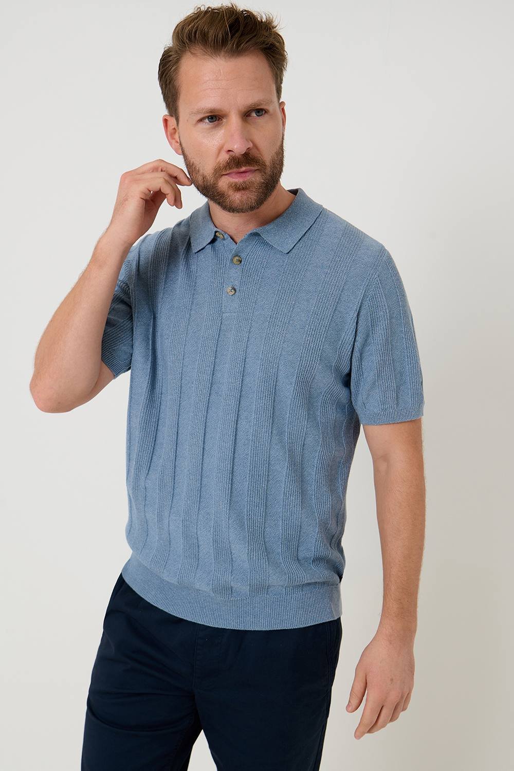 Saltwell Saltwell Men's Ribbed Short Sleeve Cotton Polo Shirt in Blue - 2