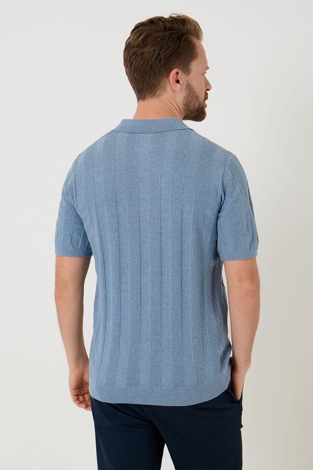 Saltwell Saltwell Men's Ribbed Short Sleeve Cotton Polo Shirt in Blue - 2