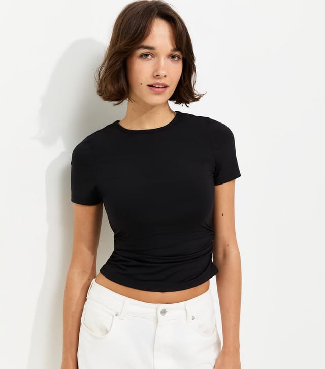 New Look Women's Black Ruched Sides Slinky Baby Tee T-Shirt New Look - 2