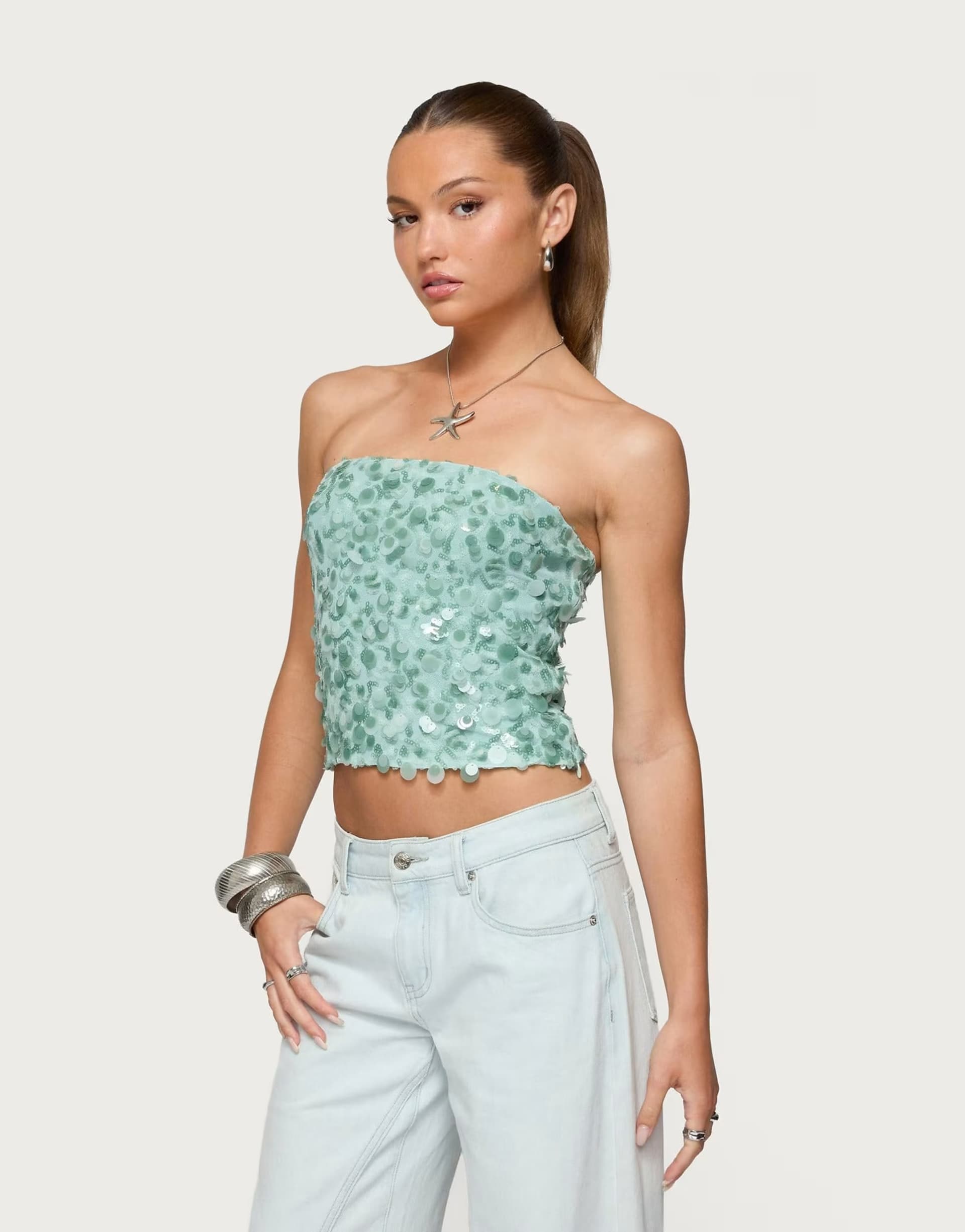 ASOS Edikted Brynn sequin strapless top in sage
