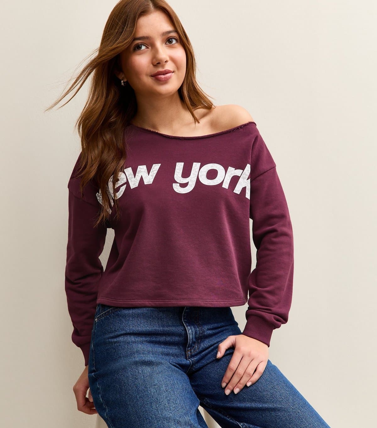 New Look Girls' Burgundy Lace Logo Off Shoulder Sweatshirt New Look