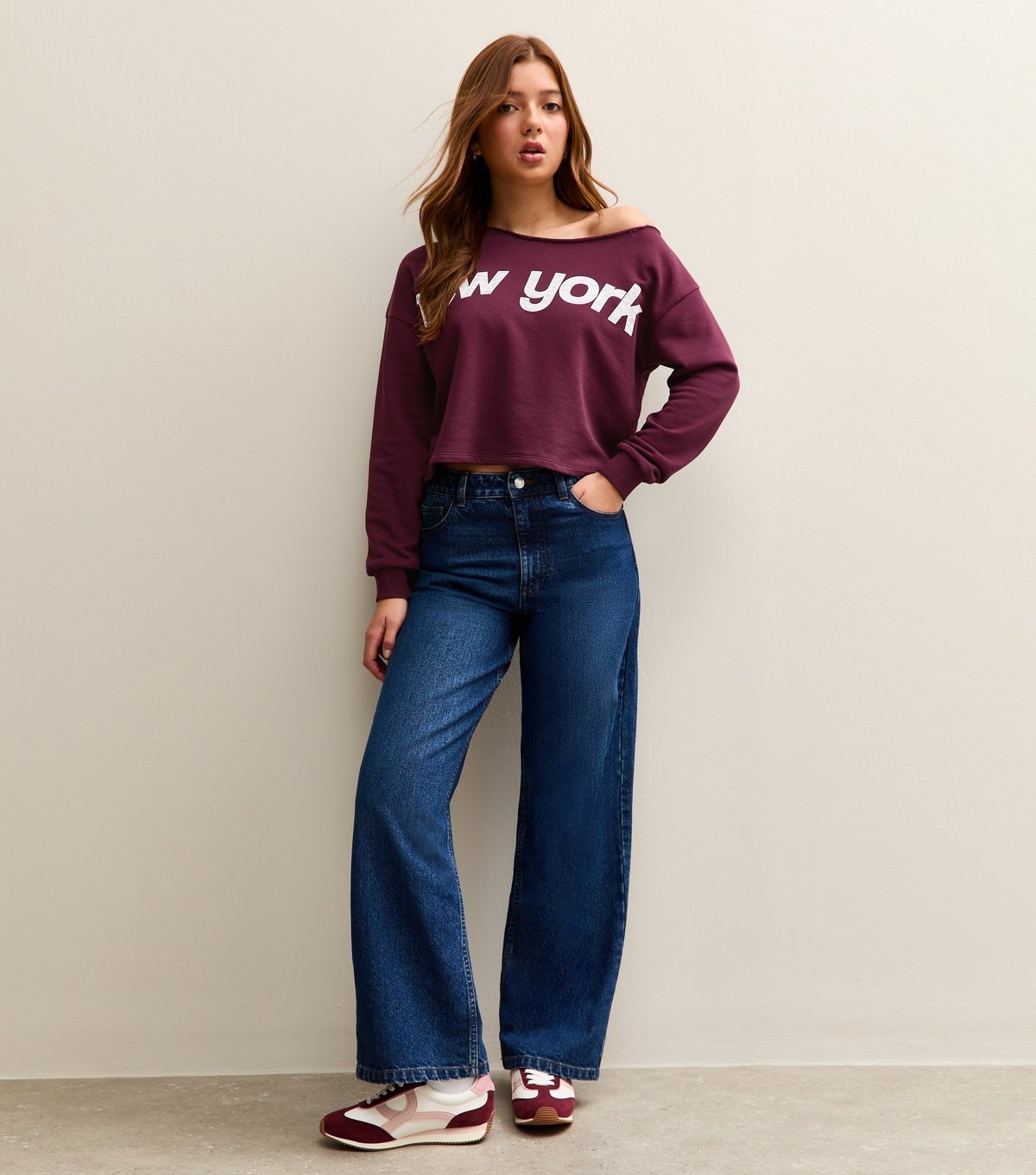 New Look Girls' Burgundy Lace Logo Off Shoulder Sweatshirt New Look - 3