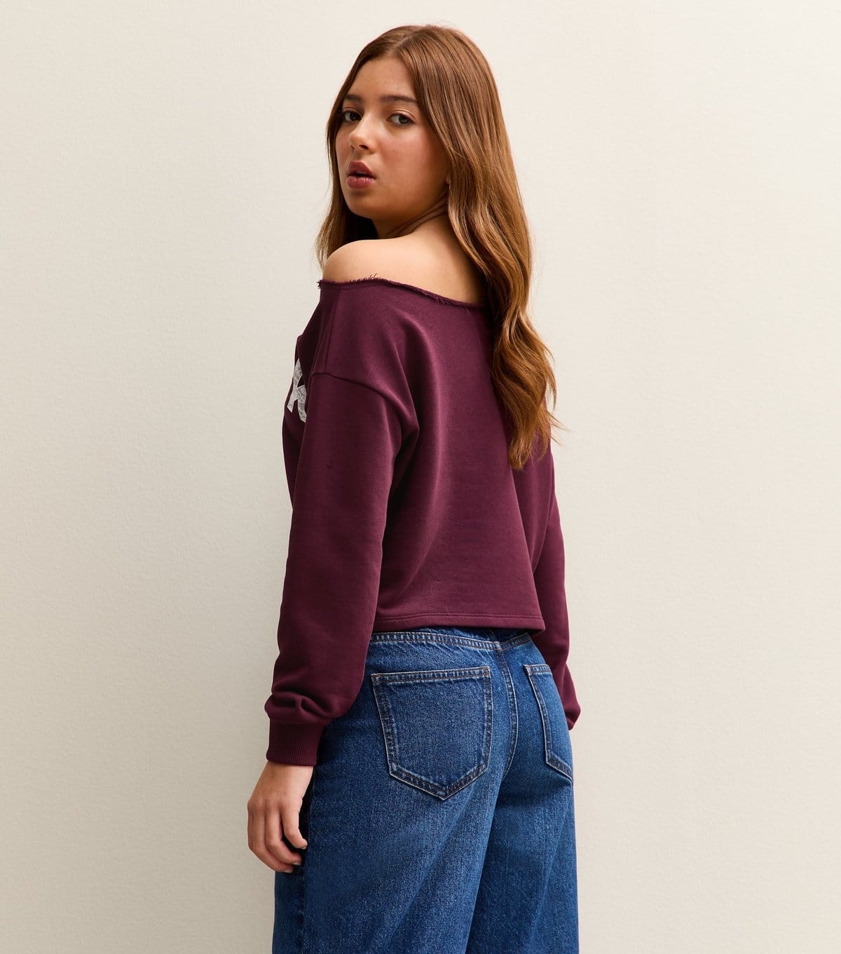 New Look Girls' Burgundy Lace Logo Off Shoulder Sweatshirt New Look - 4