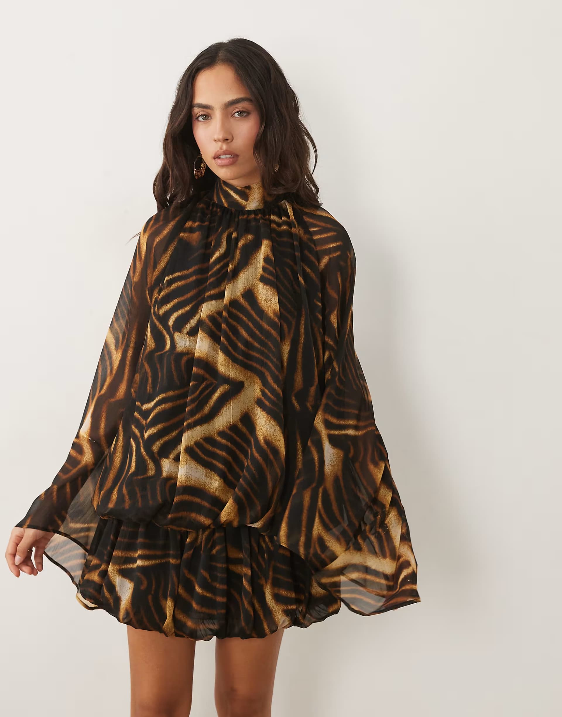 ASOS ASOS DESIGN tie neck bubble mini dress in abstract animal print
