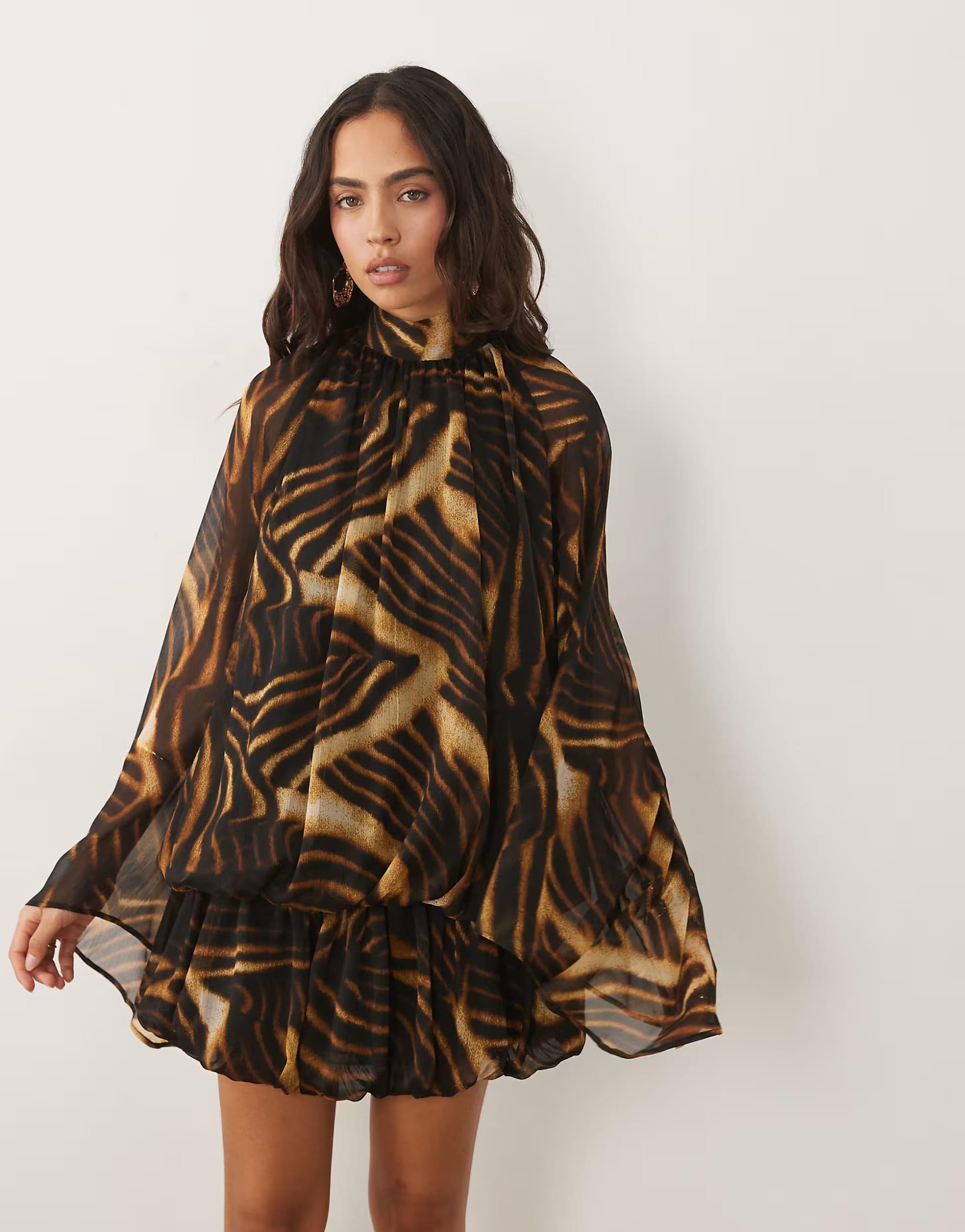 ASOS DESIGN Abstract Animal Print Tie Neck Bubble Mini Dress