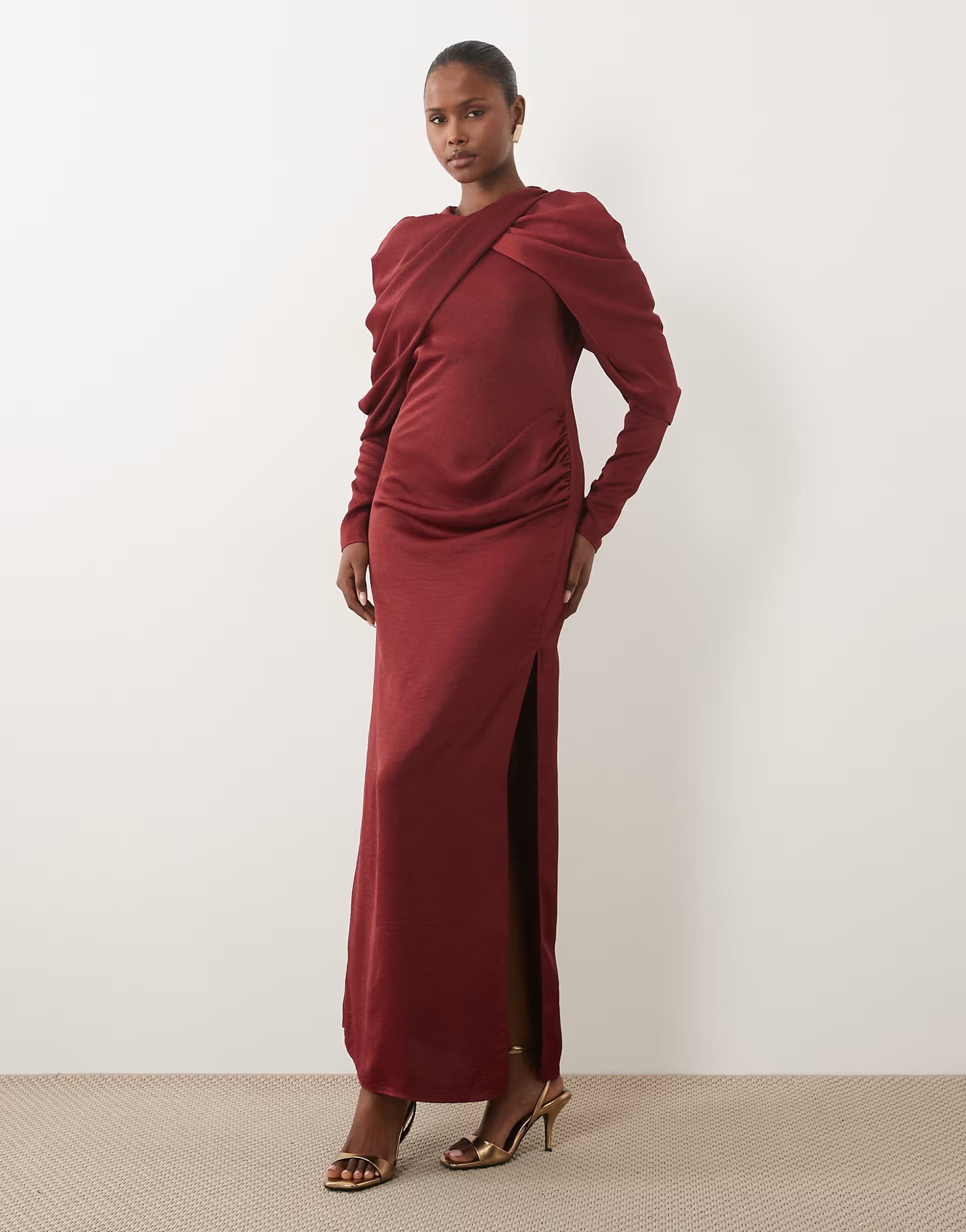ASOS ASOS DESIGN cross neck gathered maxi dress with draped sleeves in berry