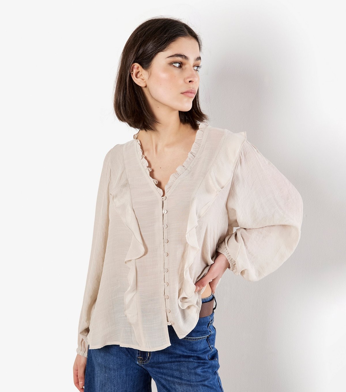 Apricot Women's Stone Ruffle Trimmed V-Neck Shirt Apricot New Look - 3