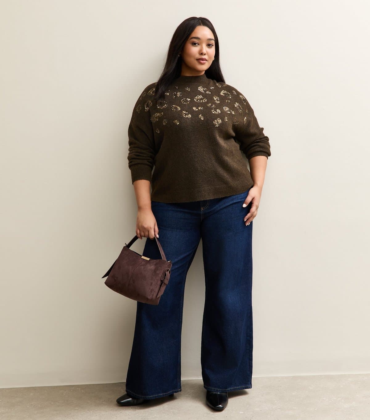 New Look Women's Plus Size Brown Sequin Leopard Knit Jumper Curves New Look