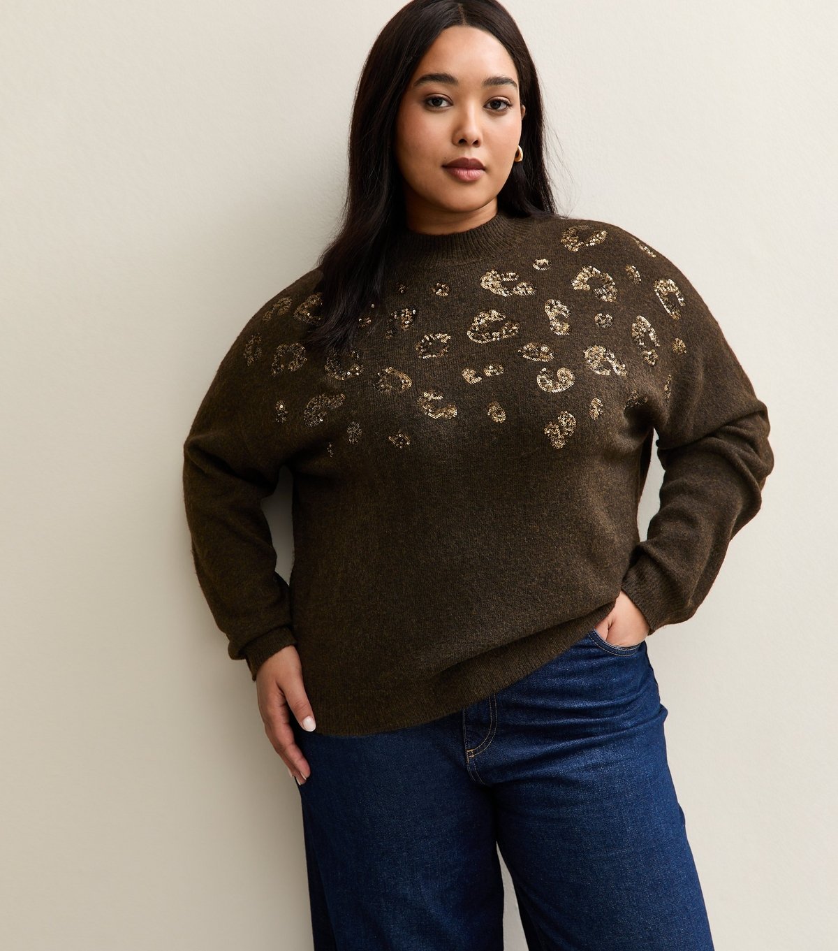 New Look Women's Plus Size Brown Sequin Leopard Knit Jumper Curves New Look - 3