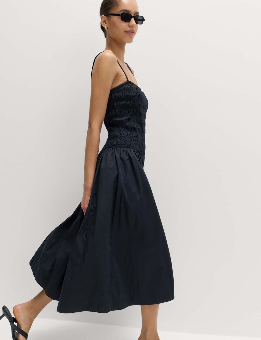 M&S Black Cotton Midi Shirred Cami Dress