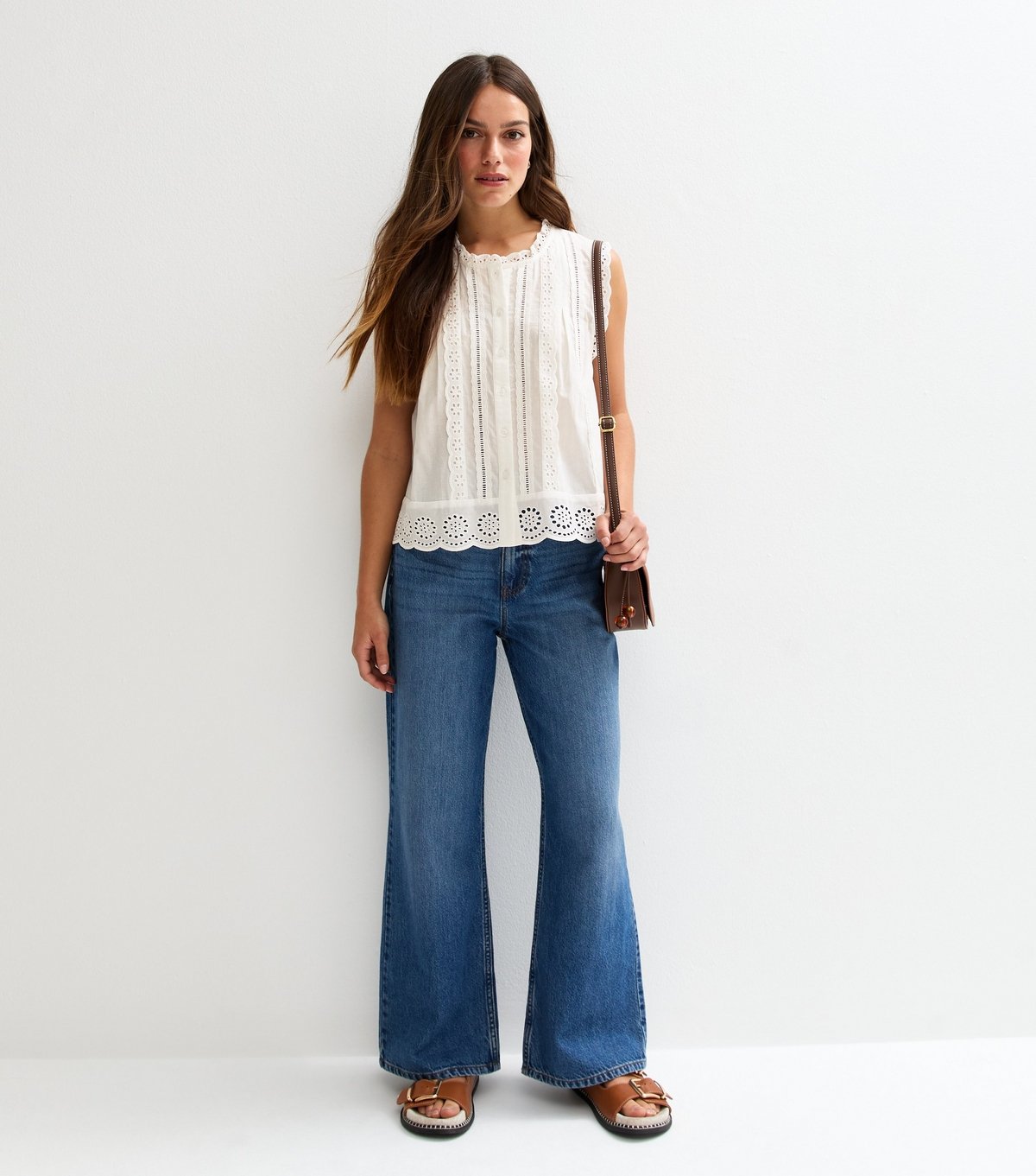 New Look Women's Petite White Broderie Anglaise Trim Sleeveless Shirt New Look - 3