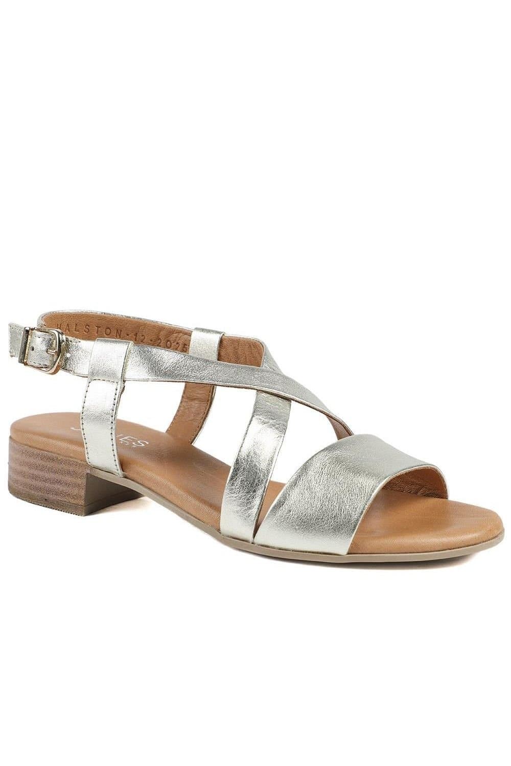 Jones Bootmaker Jones Bootmaker Women's Halston Leather Block Heel Sandals in Gold