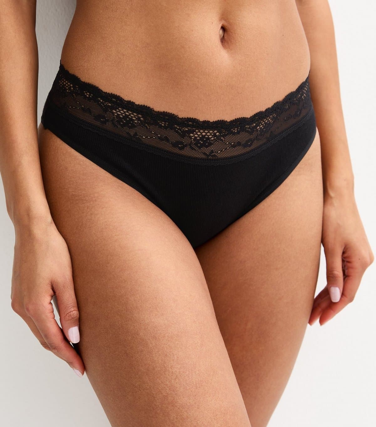 New Look Women's Black Ribbed Cotton Lace Trim Brazilian Briefs New Look