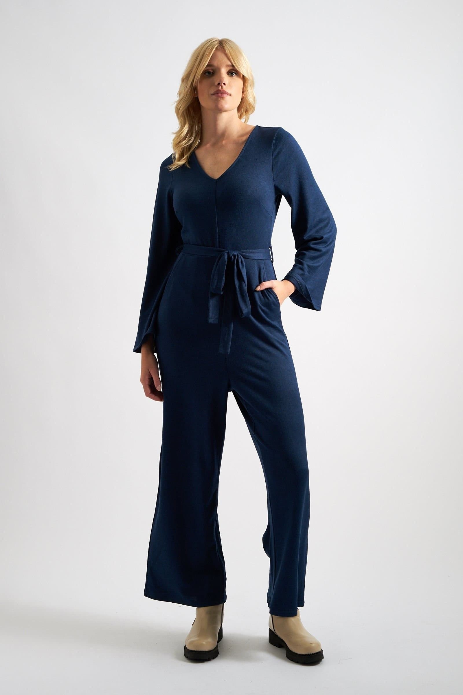 Louche Louche Women's Coraline Brushed Marl Navy V-Neck Jumpsuit in Blue