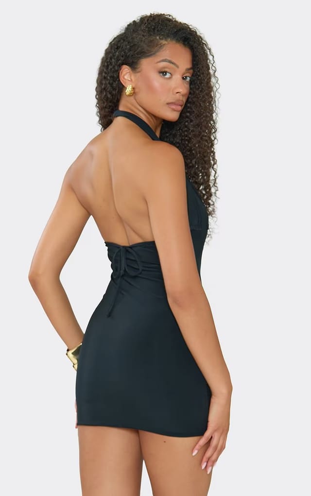 EGO Halterneck Plunge Front Mini Bodycon Dress In Black, Women's Size UK 6 - 2