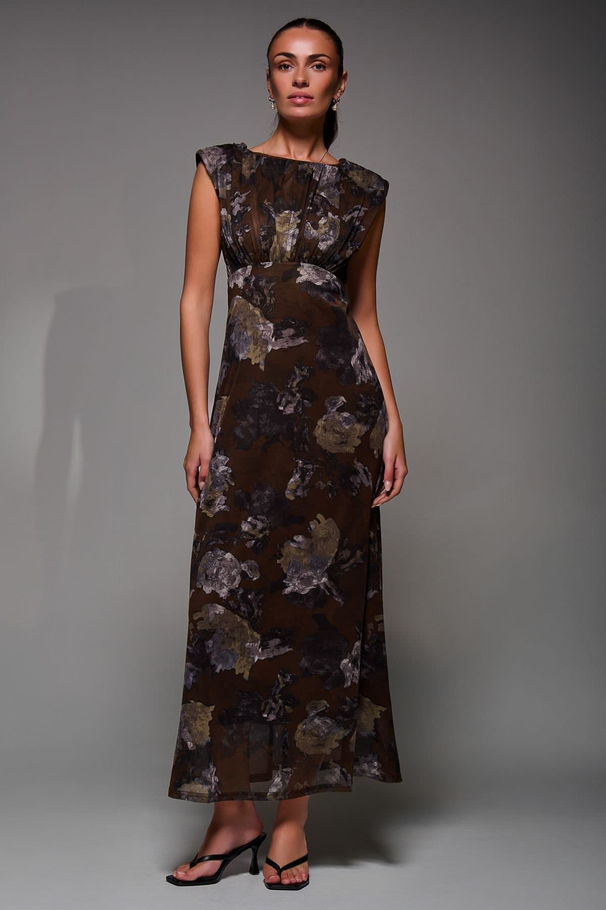 Jolie Moi Jolie Moi Women's Slash Neck Fit & Flare Mesh Maxi Dress in Dark Brown