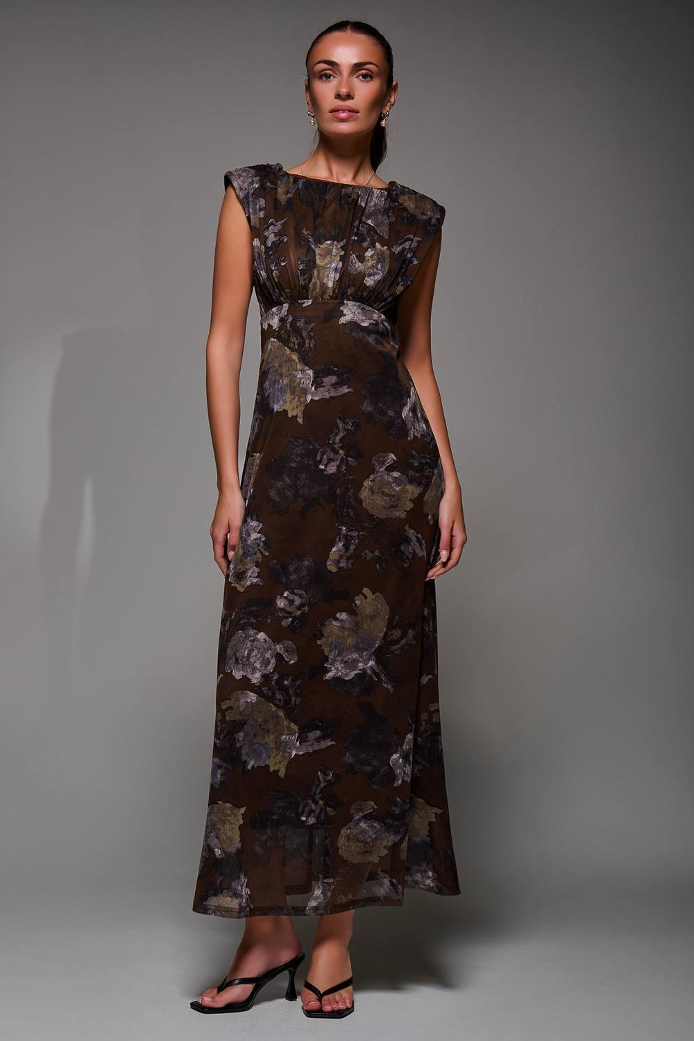 Jolie Moi Jolie Moi Women's Slash Neck Fit & Flare Mesh Maxi Dress in Dark Brown - 2