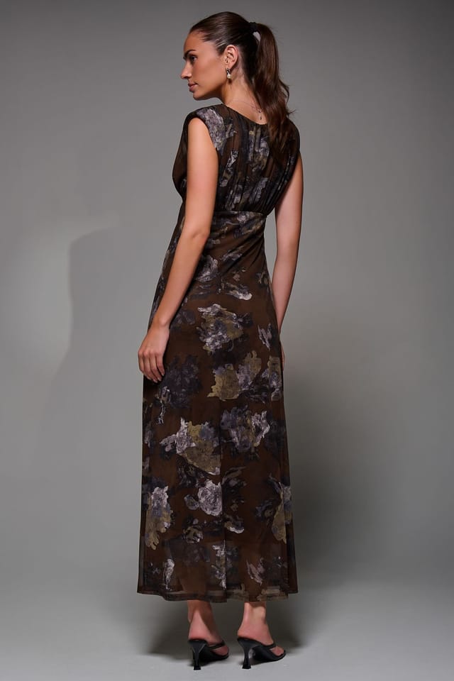 Jolie Moi Jolie Moi Women's Slash Neck Fit & Flare Mesh Maxi Dress in Dark Brown - 2