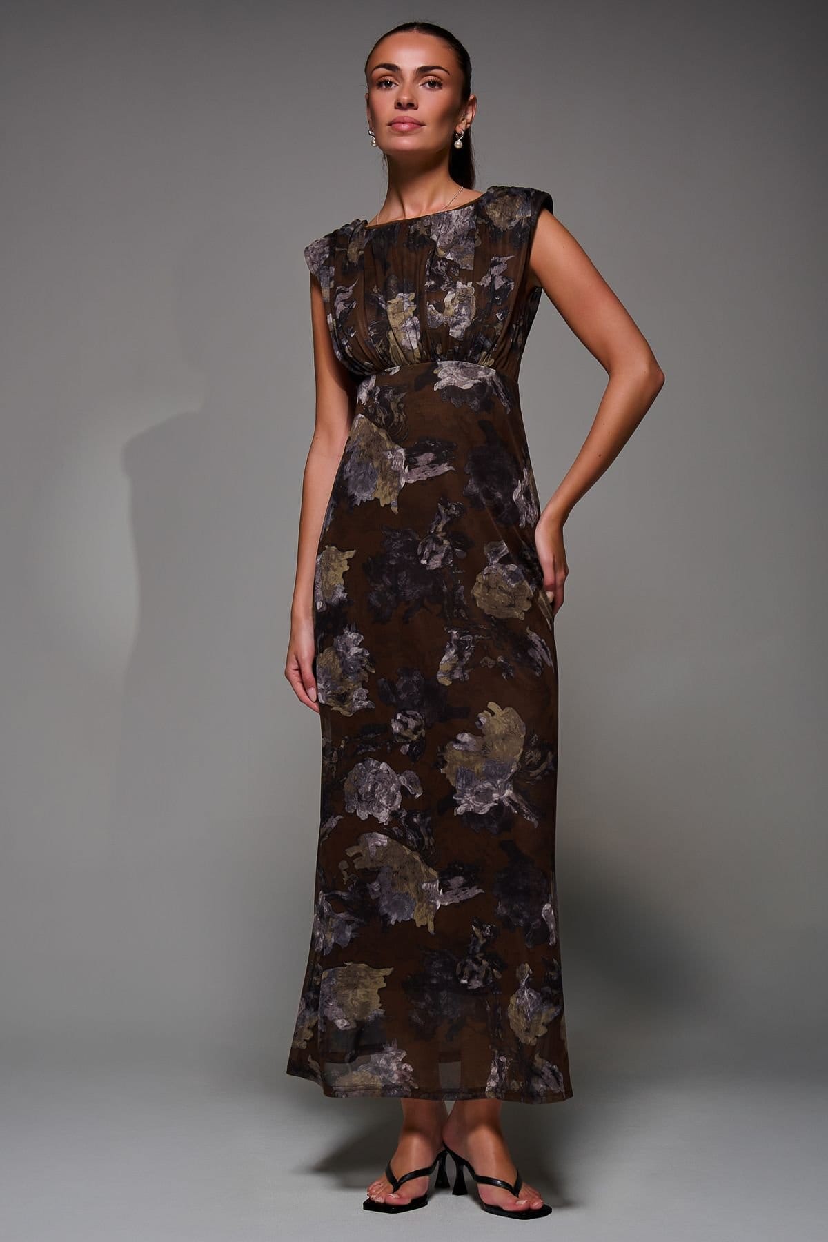 Jolie Moi Jolie Moi Women's Slash Neck Fit & Flare Mesh Maxi Dress in Dark Brown - 4