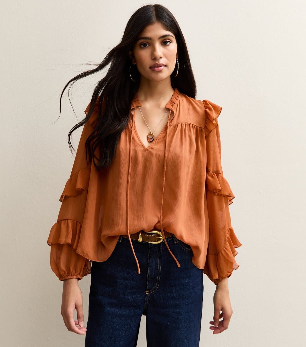 New Look Women's Rust Chiffon Frilly Trimmed Keyhole Neck Blouse New Look