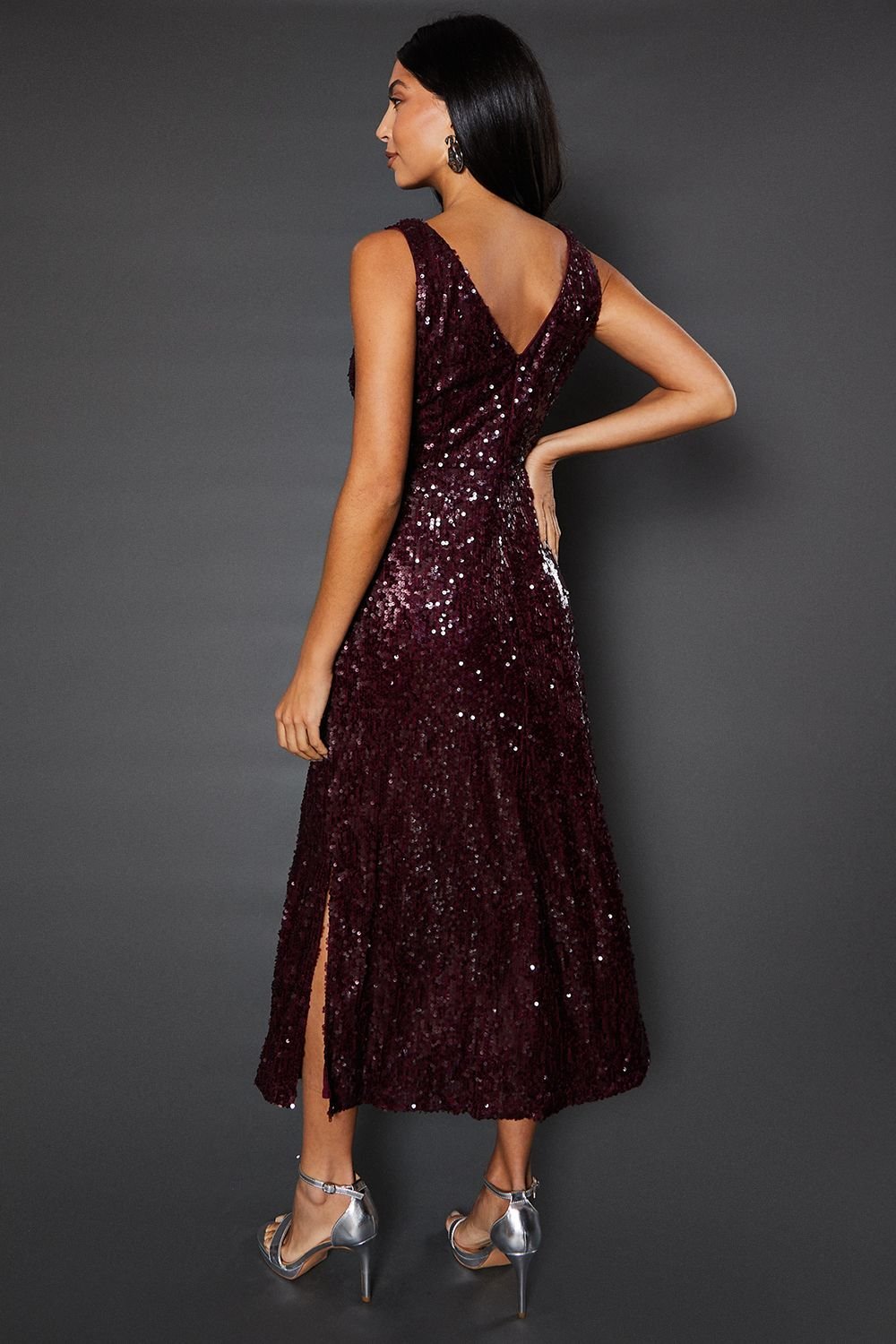 Wallis Wallis Women's Occasion Sequin Ruched Midaxi Dress in Wine - 3