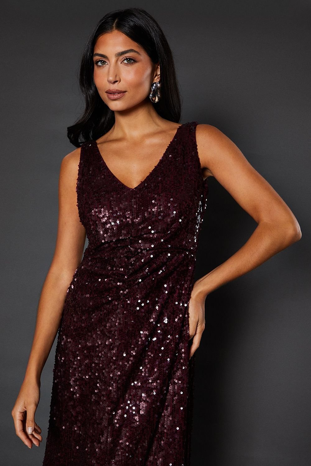Wallis Wallis Women's Occasion Sequin Ruched Midaxi Dress in Wine - 4