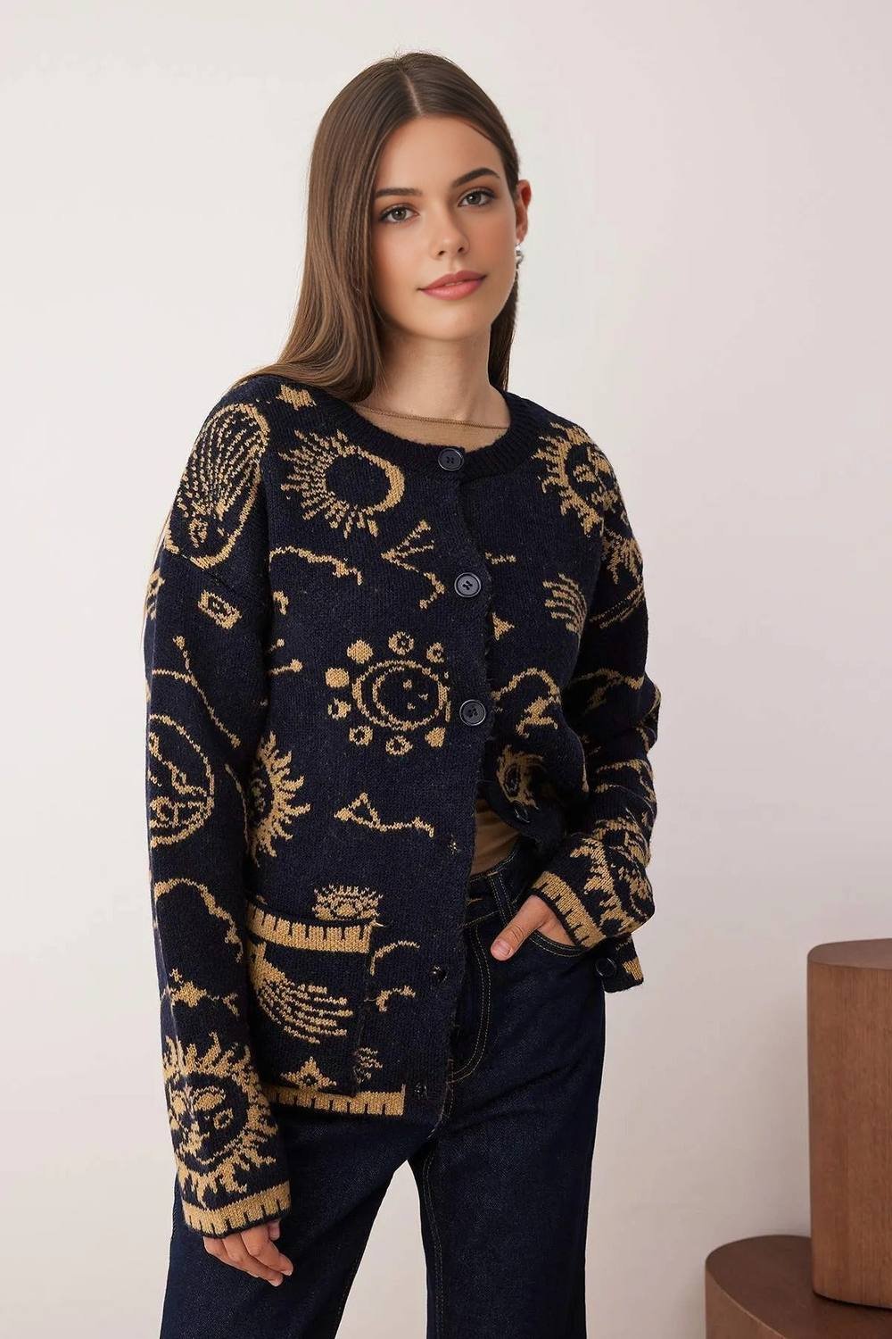 WOVCOR WOVCOR Women's Patterned Button Front Round-Neck Knit Cardigan - 3